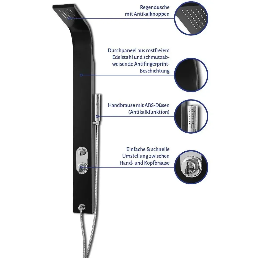 Shower panel Care Black 150x15 cm, shower set with 2 different shower functions
