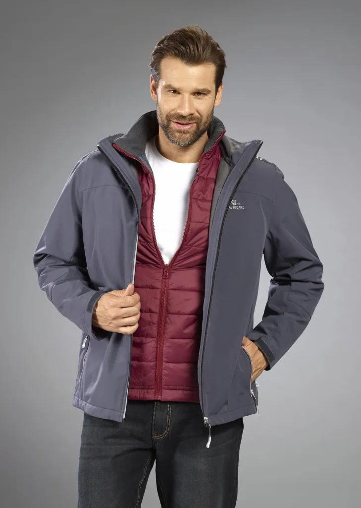 2-in-1 softshell jacket with removable inner jacket, color gray/burgundy, size M