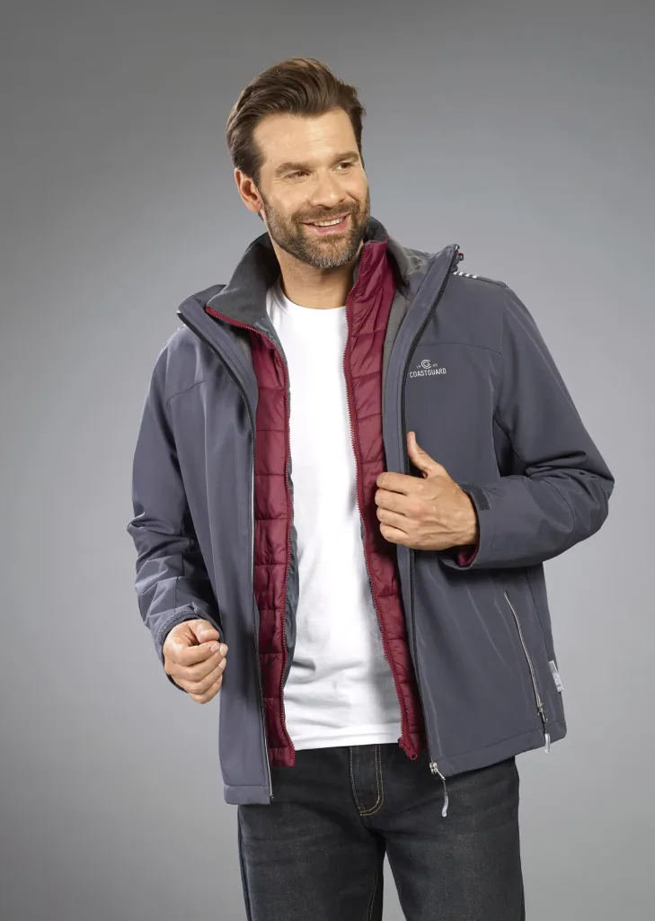 2-in-1 softshell jacket with removable inner jacket, color gray/burgundy, size M