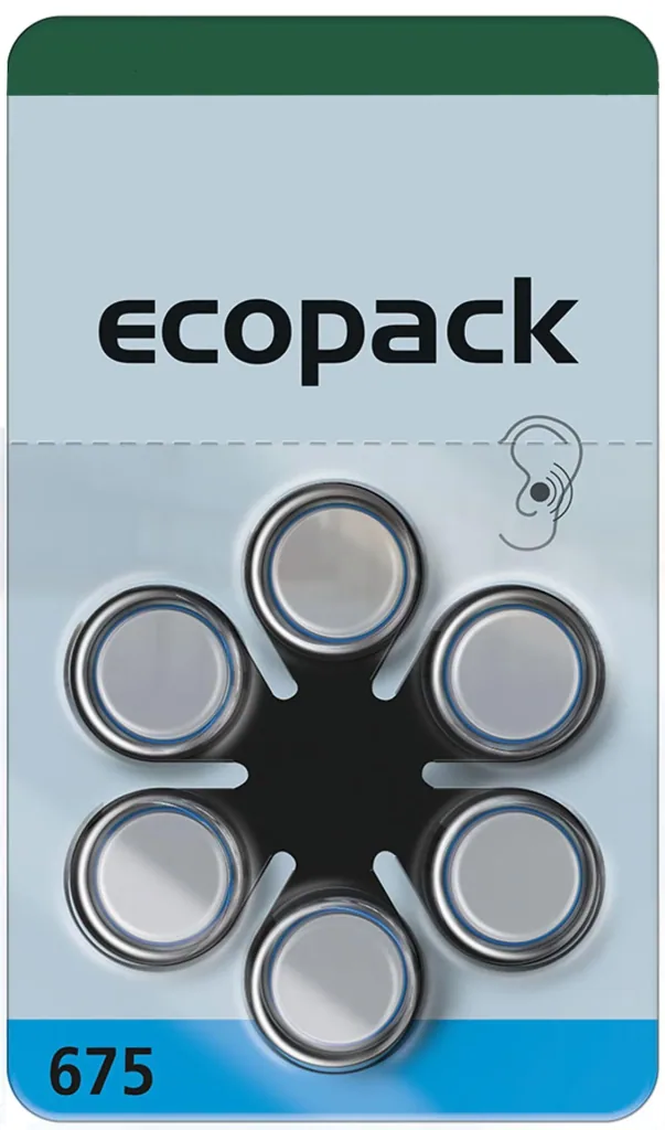 Hearing aid battery Ecopack Type 675(PR44) BLUE - 6 pieces