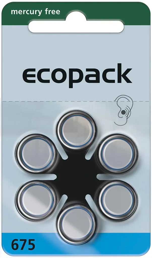 Hearing aid battery Ecopack Type 675(PR44) BLUE - 6 pieces