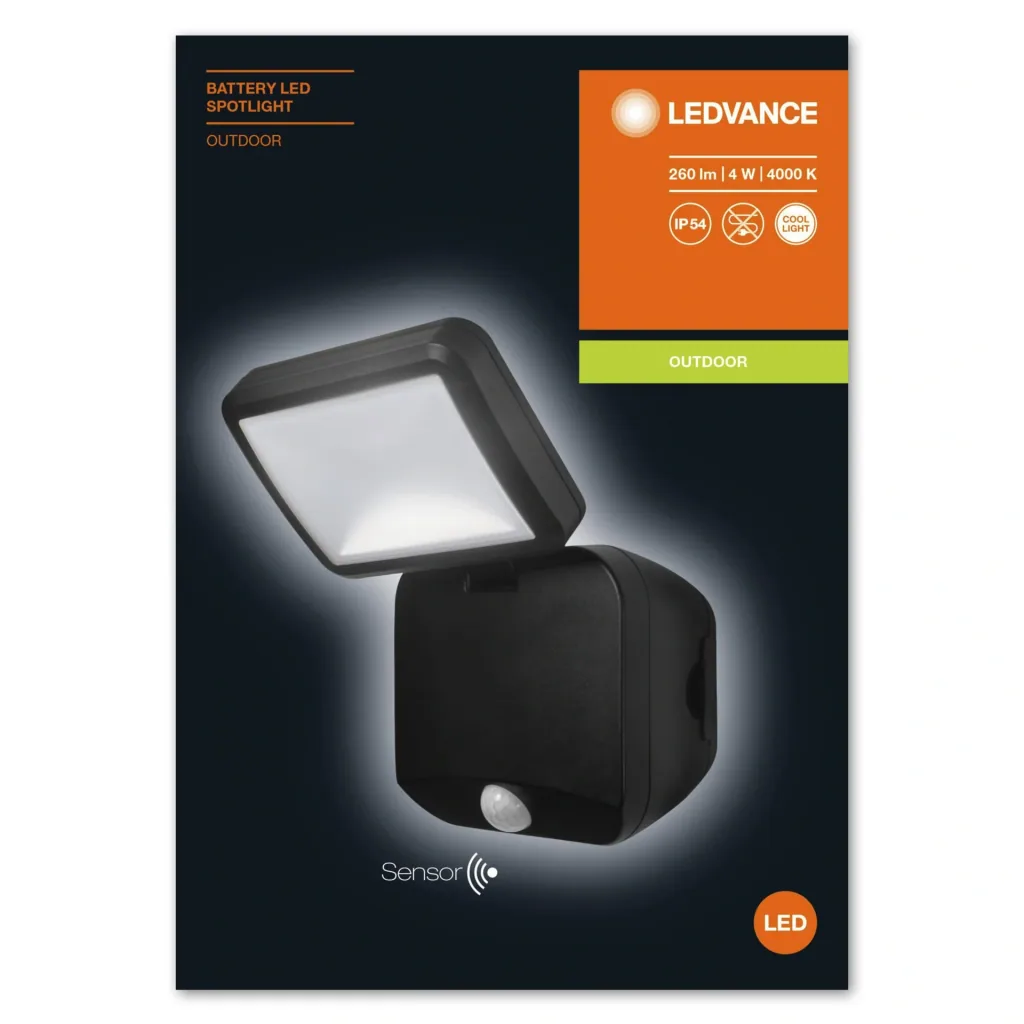 Battery-operated LED outdoor floodlight with motion detector