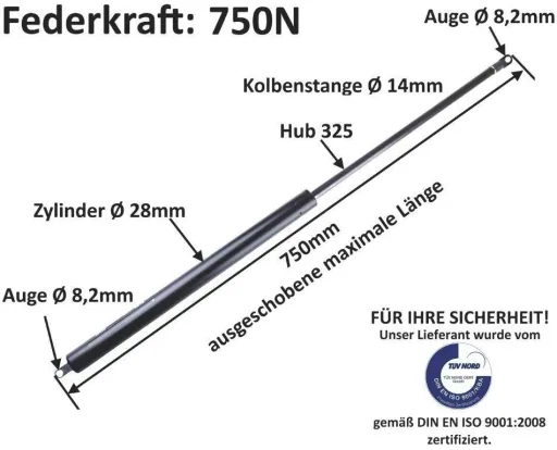Gas spring - gas pressure damper 750N = 75 kg