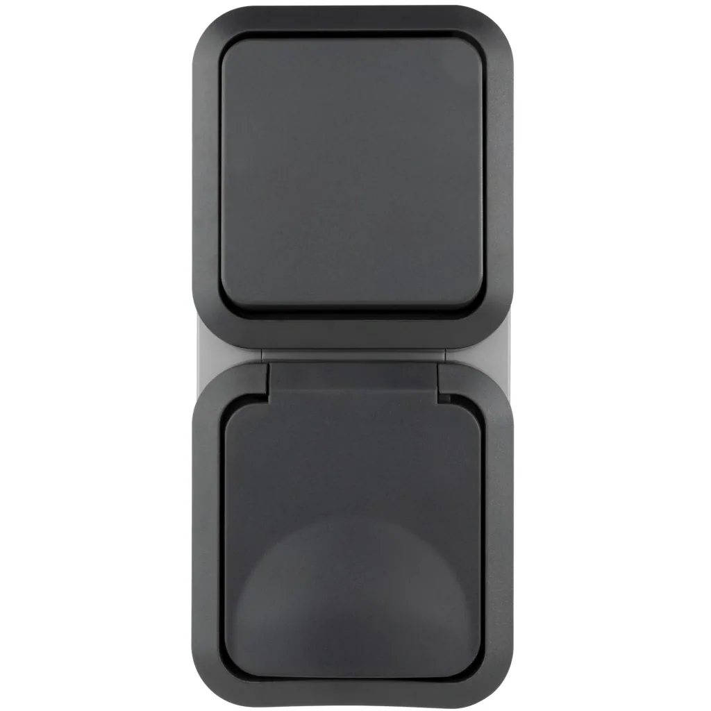 Surface-mounted damp-proof switch/socket with hinged cover, vertical IP55