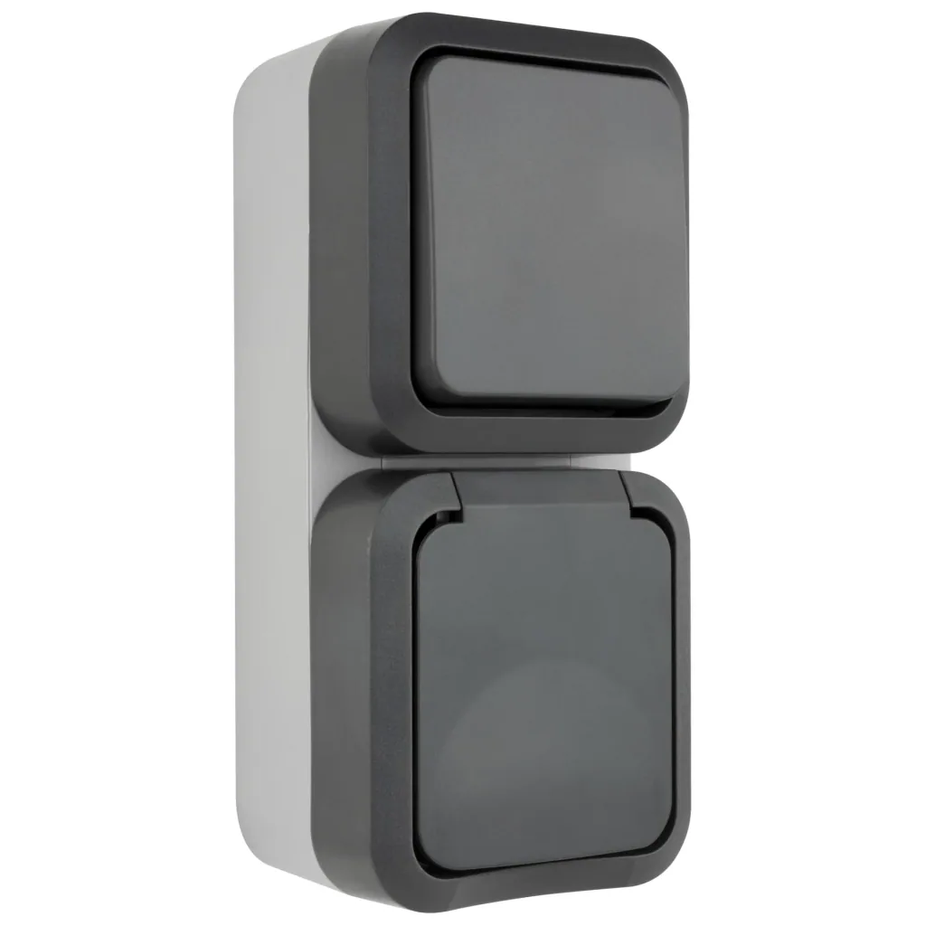 Surface-mounted damp-proof switch/socket with hinged cover, vertical IP55