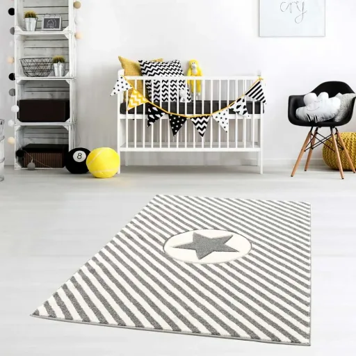 Livone tapijt ster & diagonale strepen grijs, Tapijtmaat: 120 x 180 cm