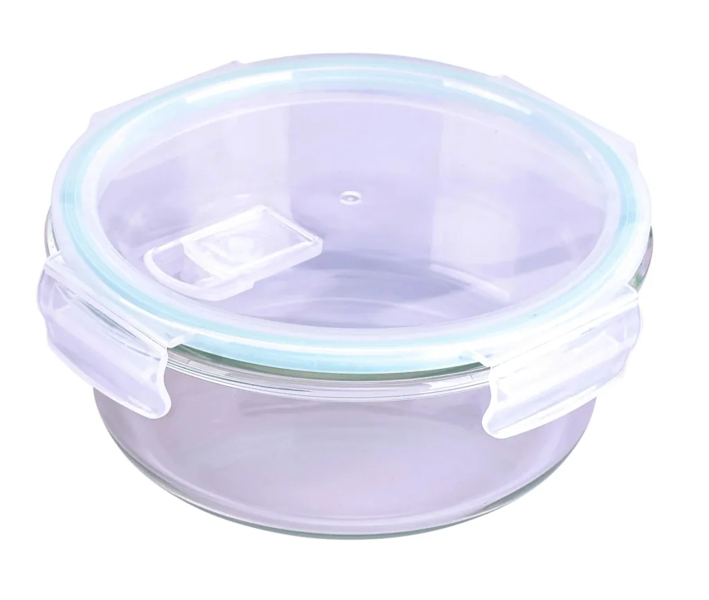 Glass food storage container with microwave lid, round, 650 ml