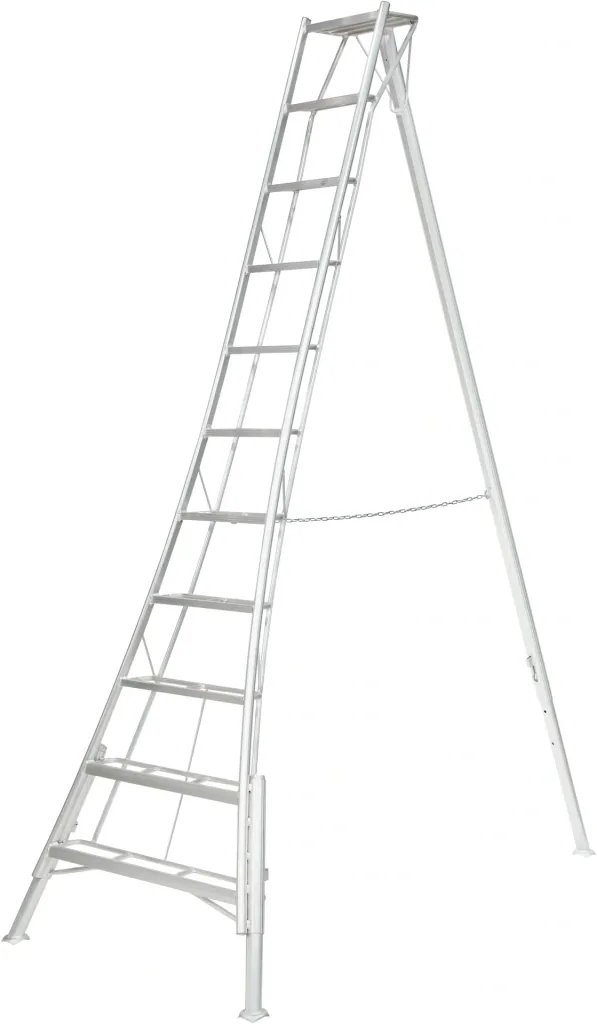 Driepoot tuinladder 3-potig 140×267,5×361 cm Aluminium Zilver – in hoogte verstelbare steunpoot