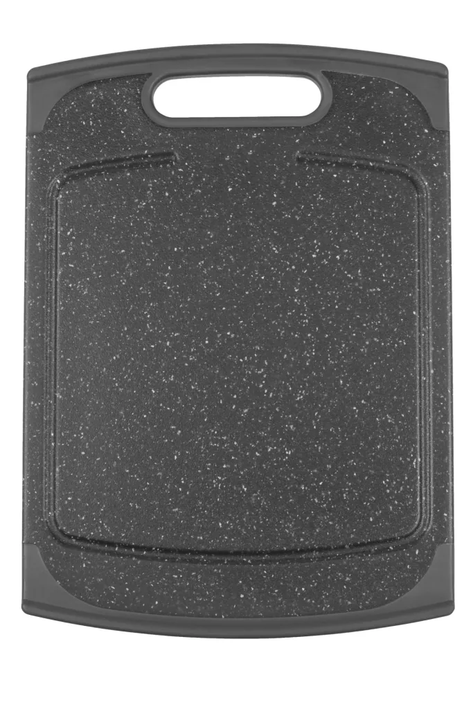 Cutting board with juice groove, in granite look, black, 250 x 140 mm