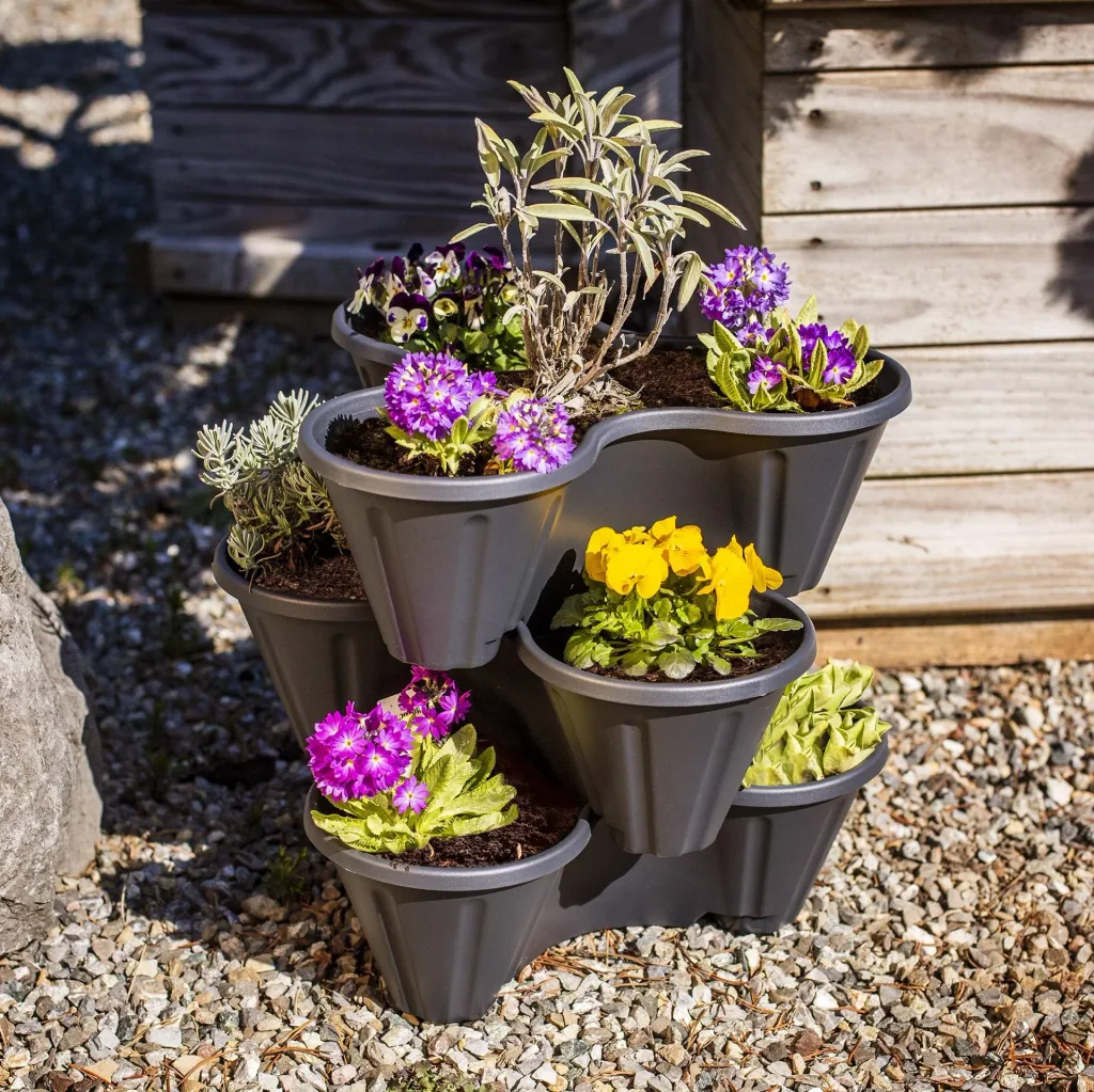 Plant pots, plant tower, stackable, anthracite, set of 3