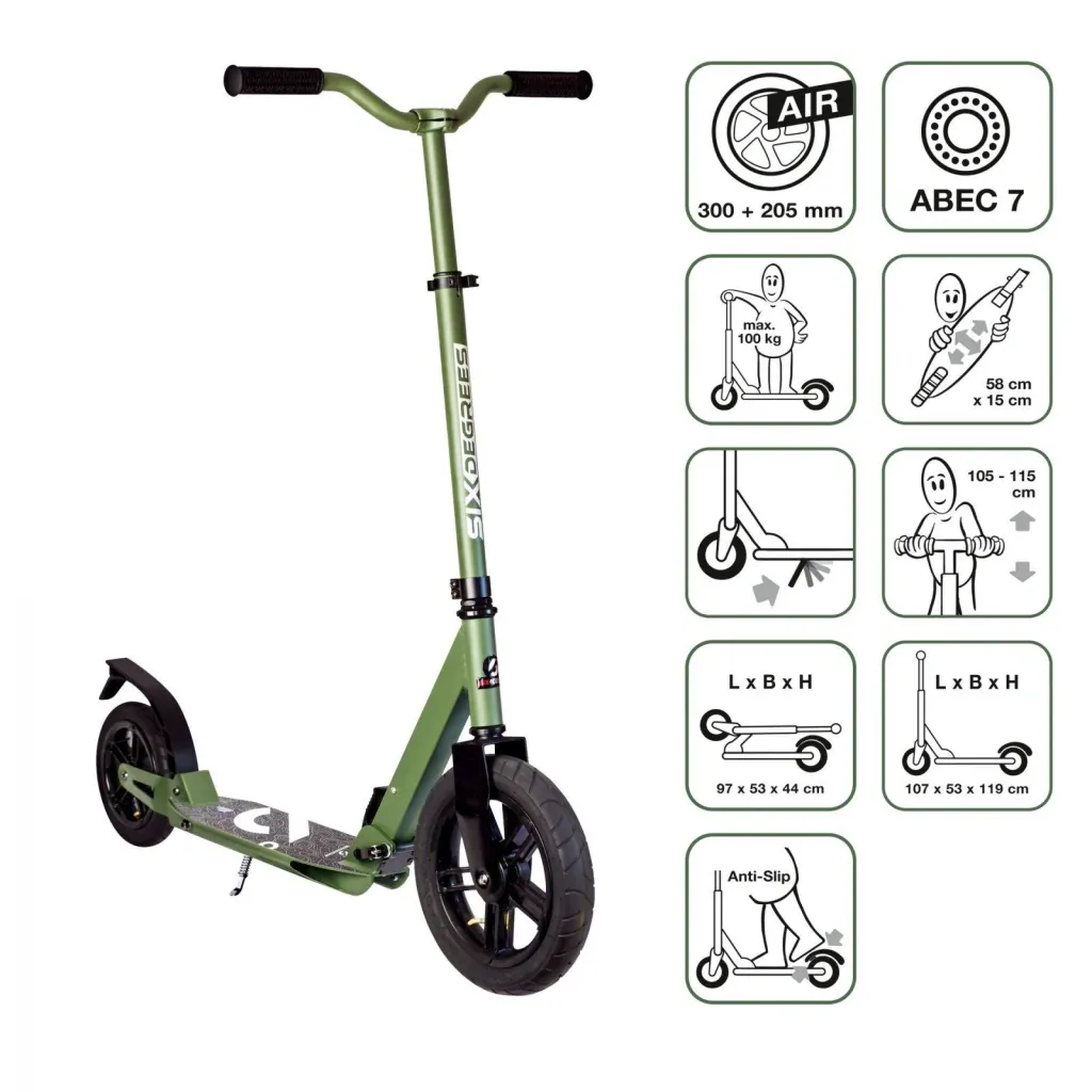 Aluminum scooter with pneumatic tires and suspension, 300/205 mm, ABEC 7, height adjustable, olive-green