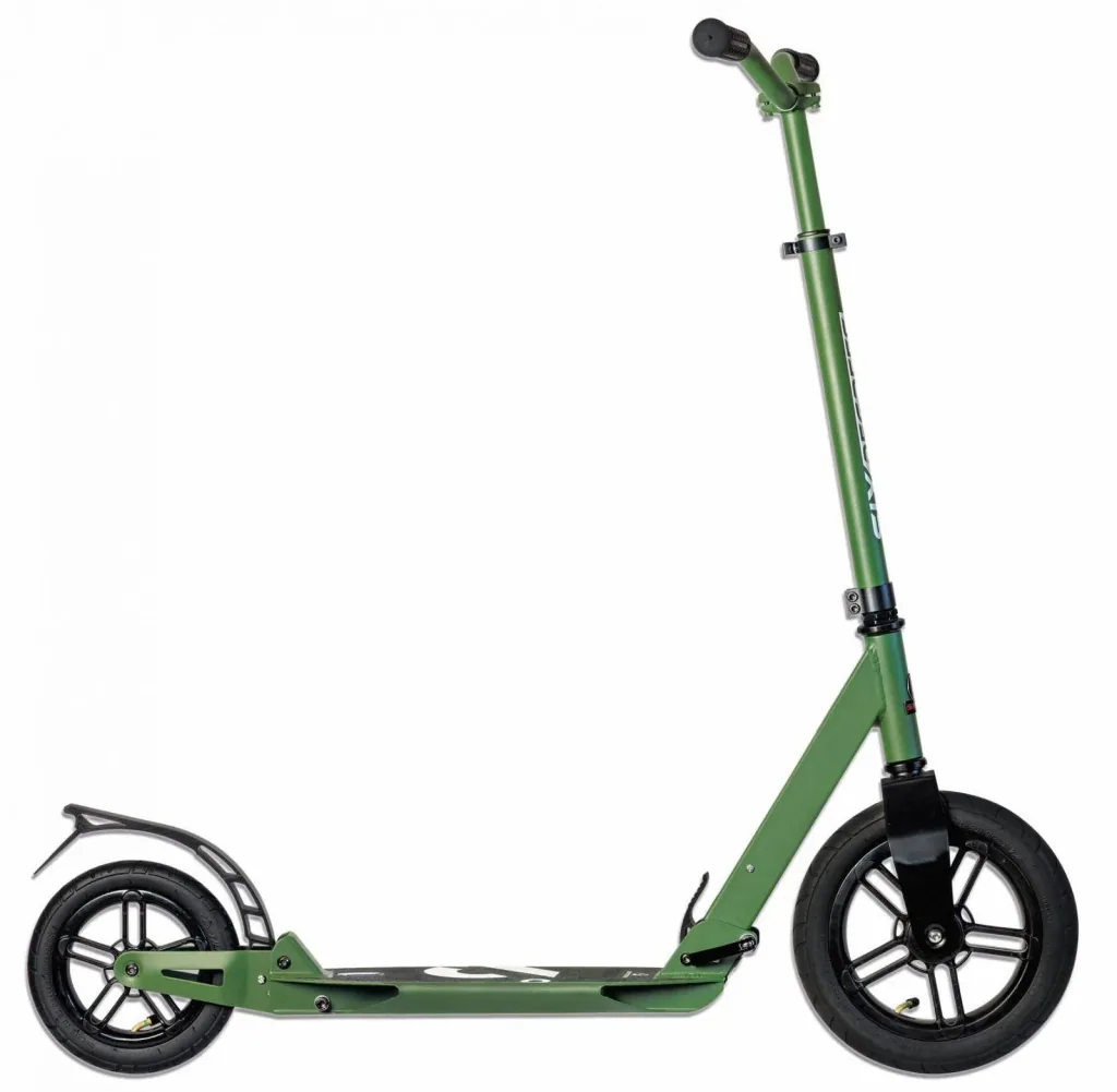 Aluminum scooter with pneumatic tires and suspension, 300/205 mm, ABEC 7, height adjustable, olive-green