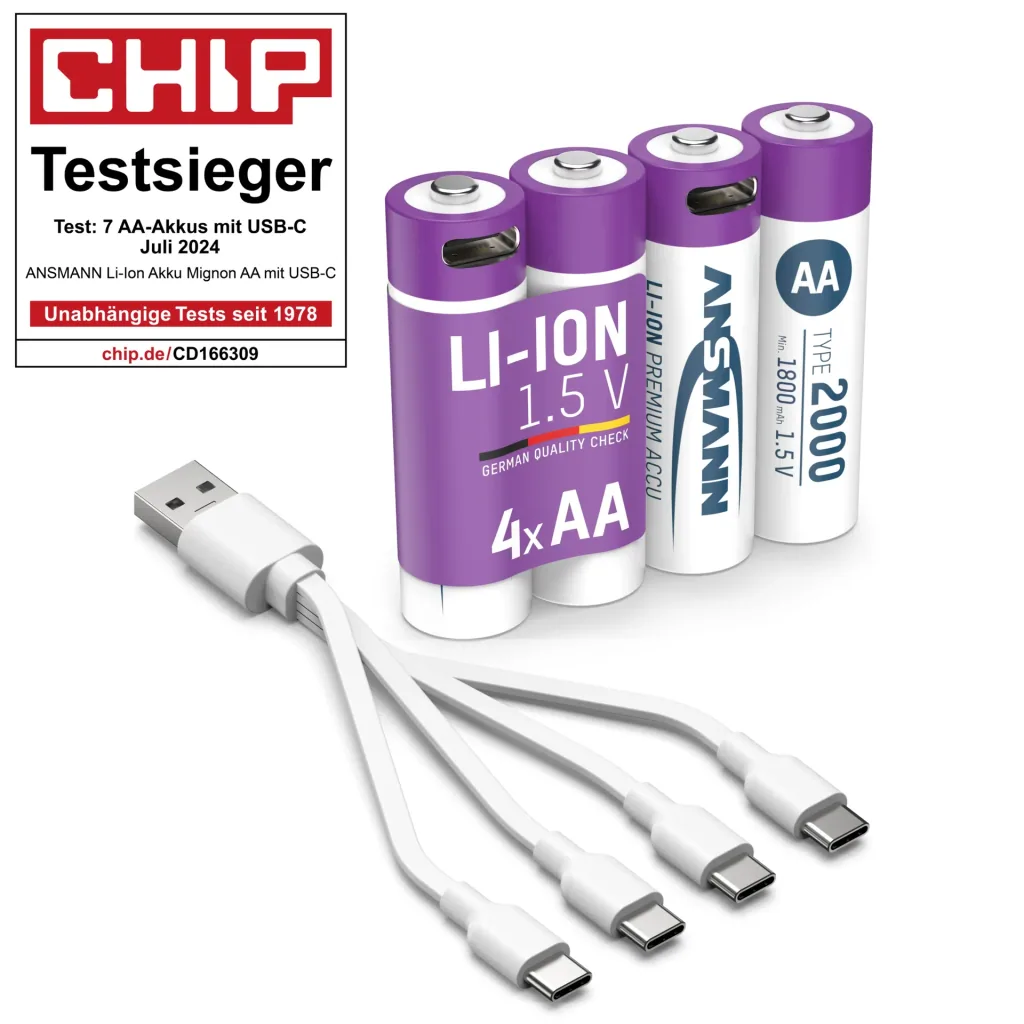 Lithium-ion Mignon (AA) accu's USB-C - 4 stuks, veiligheidsuitschakeling