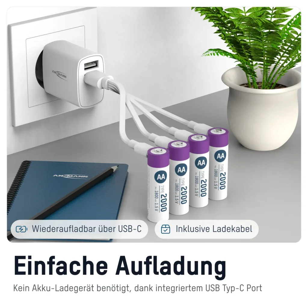 Lithium-ion Mignon (AA) accu's USB-C - 4 stuks, veiligheidsuitschakeling