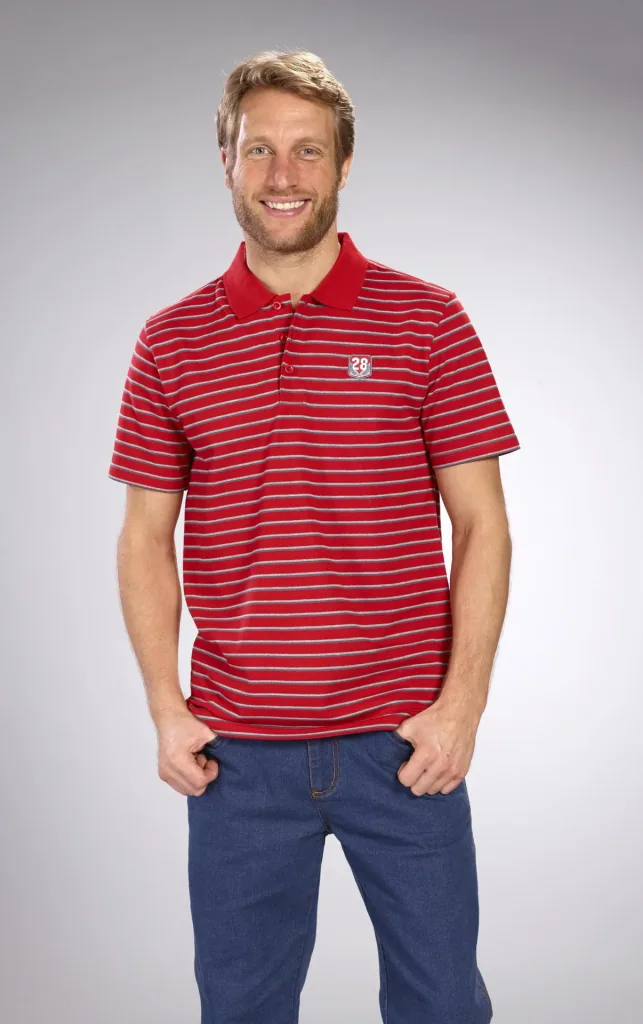 Buttoned polo shirt, red striped, size M