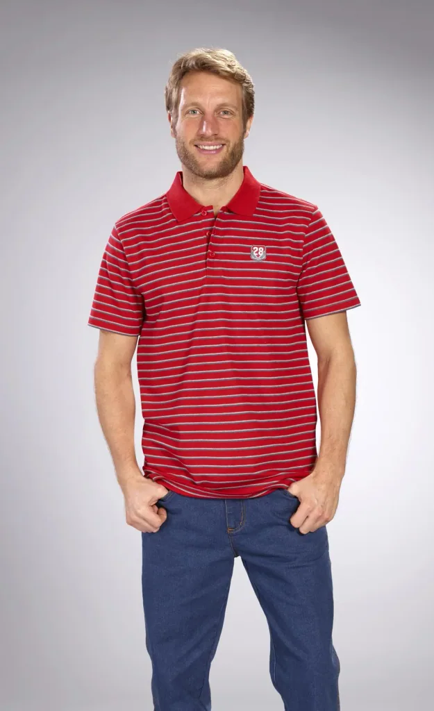 Buttoned polo shirt, red striped, size M