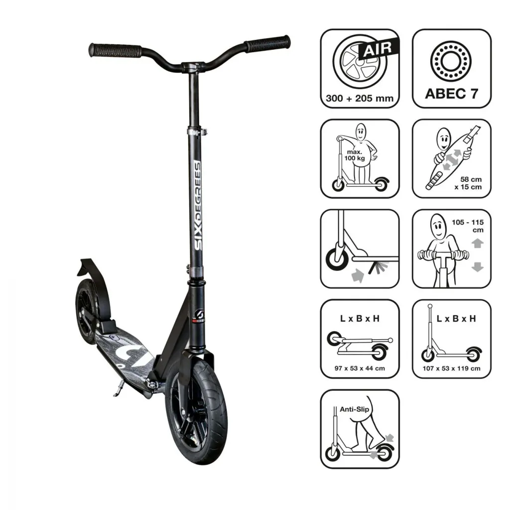Aluminum scooter with pneumatic tires and suspension, 300/205 mm, ABEC 7, height adjustable, black