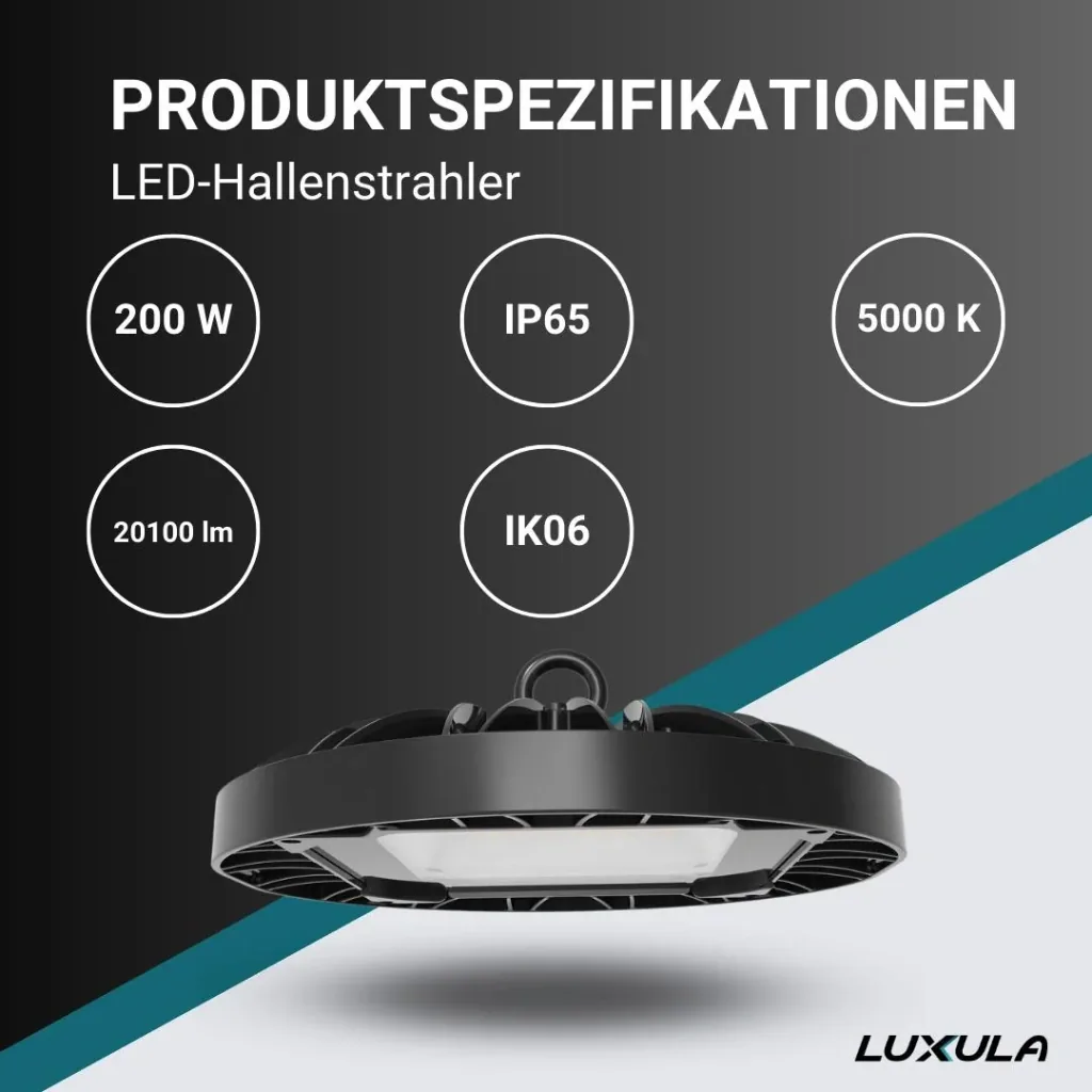 UFO-shaped LED high bay offers 200 W, 20100 lm, 5000 K (neutral white) and IP65 protection.