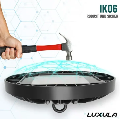 UFO-shaped LED high bay offers 200 W, 20100 lm, 5000 K (neutral white) and IP65 protection.