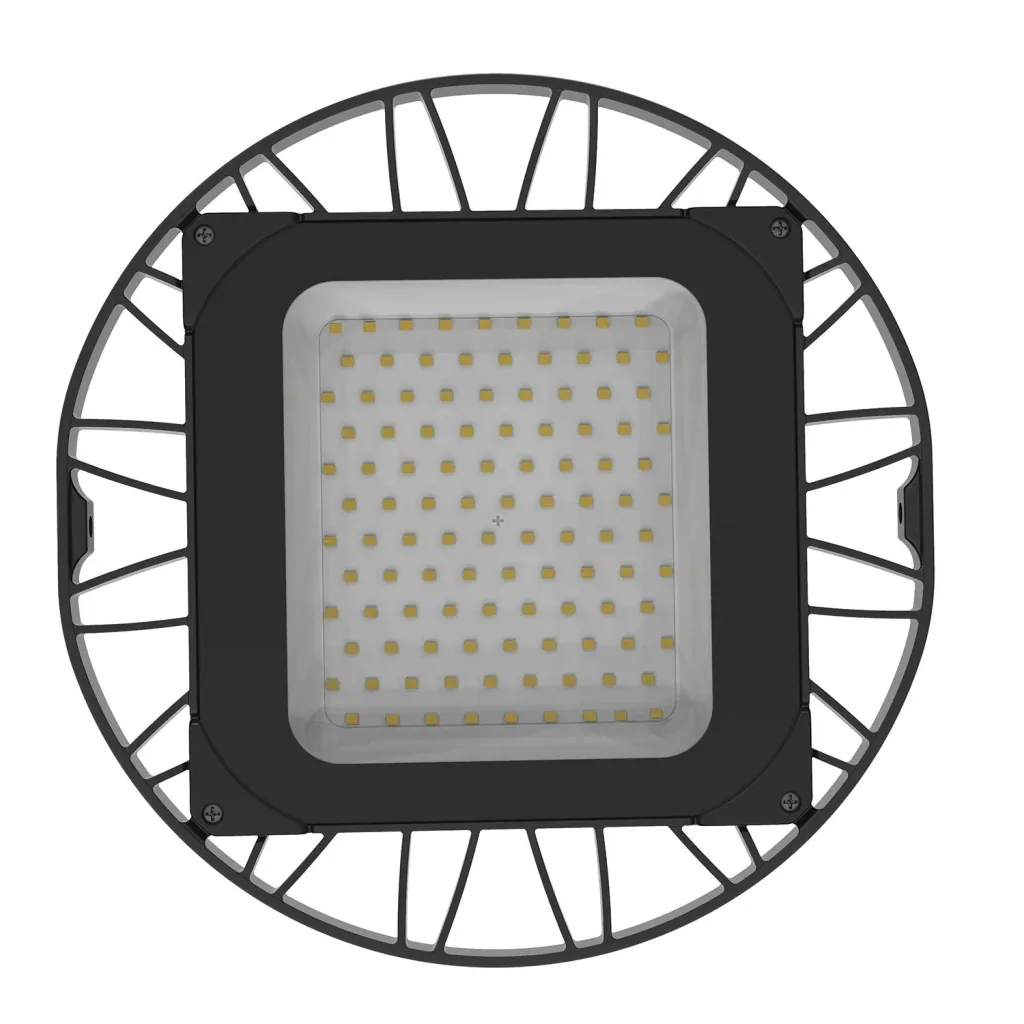 UFO-shaped LED high bay offers 200 W, 20100 lm, 5000 K (neutral white) and IP65 protection.