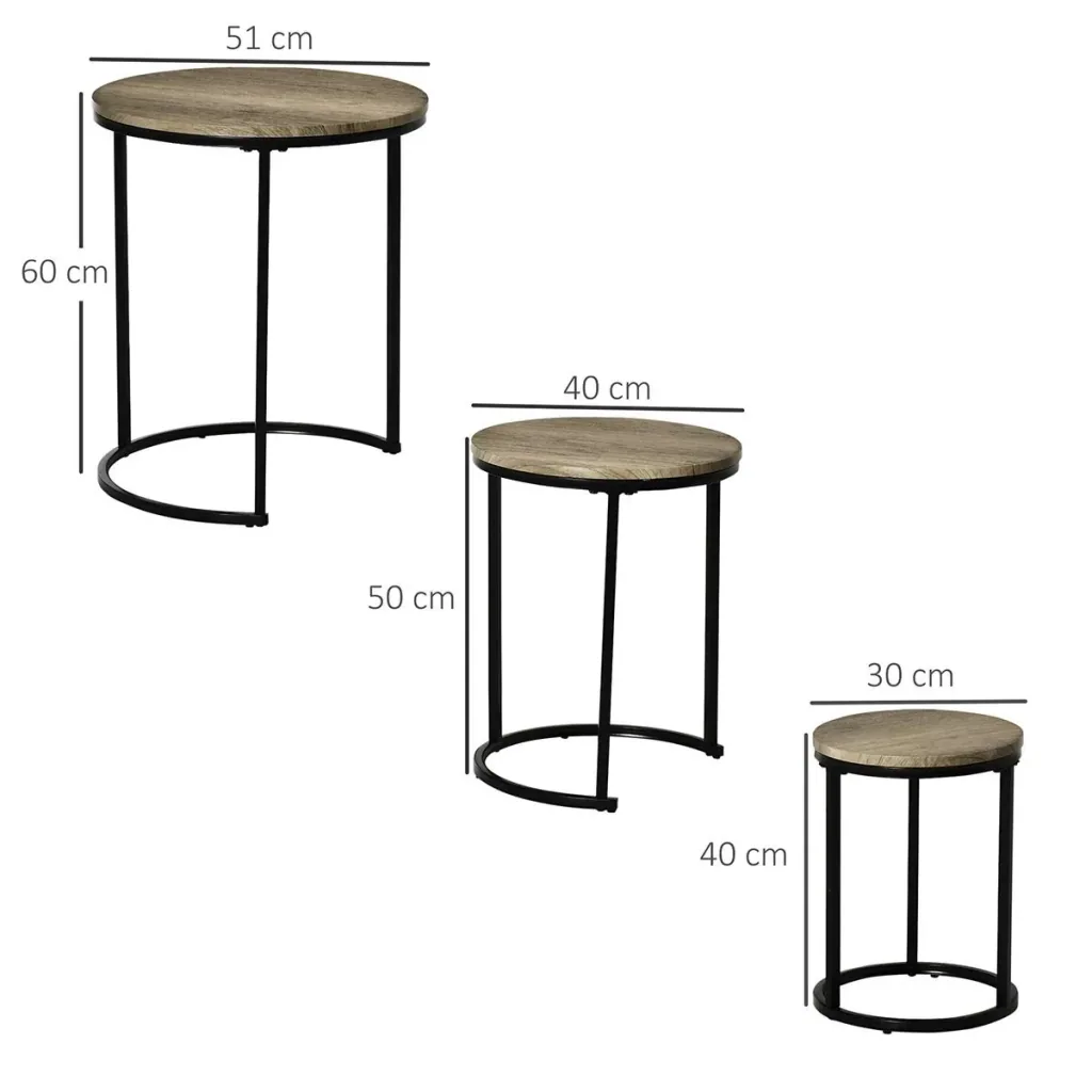 Side tables set of 3 nesting tables stackable coffee table 3 sizes industrial design metal black+brown