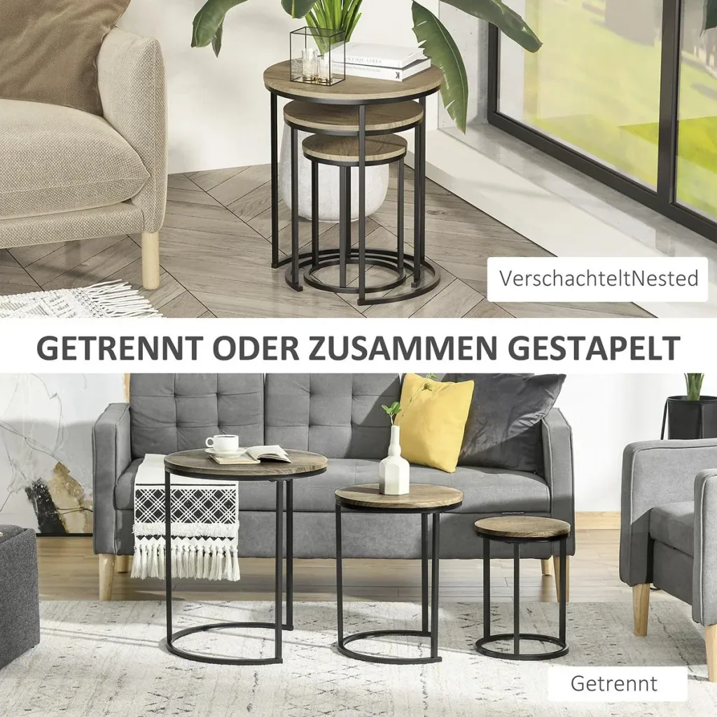 Side tables set of 3 nesting tables stackable coffee table 3 sizes industrial design metal black+brown