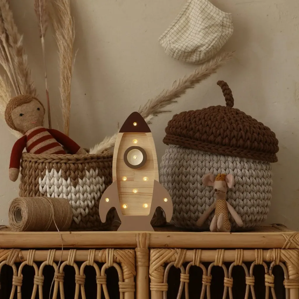 Little Lights Kinder nachtlampje, Mini raket schip – 100% grenen hout naturel, kleur: Cappuccino