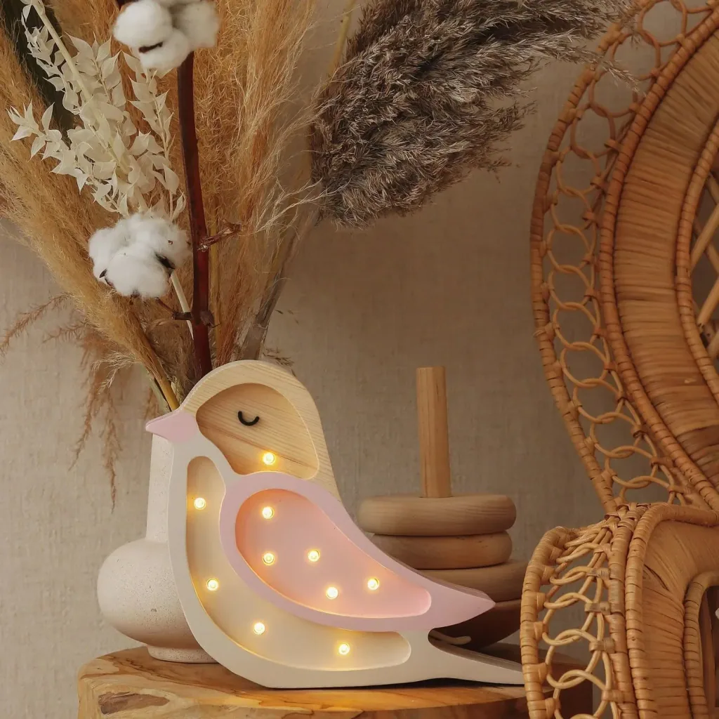 Little Lights Nachtlampje kinderen, nachtlampje Mini-Vogel - 100% natuurlijk vurenhout, kleur: Aardbeiencrème