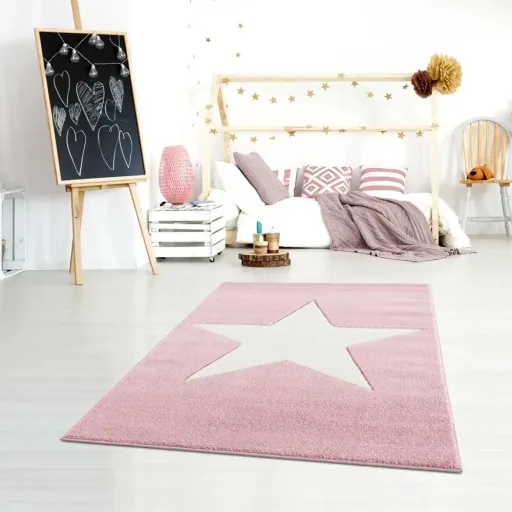 Livone kindertapijt ster wit op roze, Tapijtmaat: 120 x 180 cm