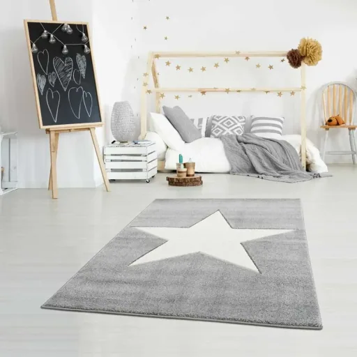 Livone kindertapijt ster wit op grijs, Tapijtmaat: 120 x 180 cm