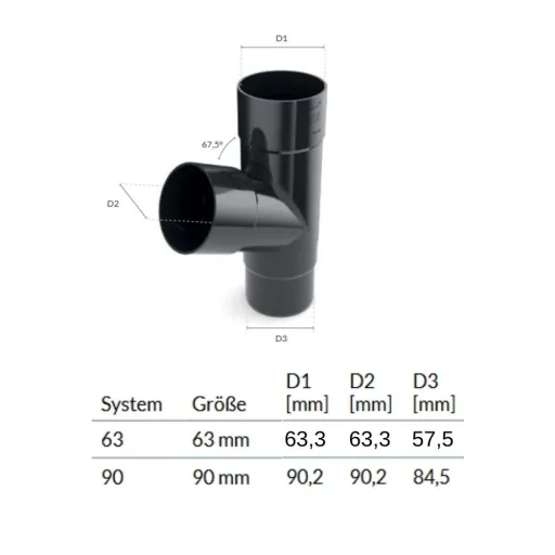 Dakgoot T-stuk Grafiet 63mm, Regenpijp Aansluitstuk