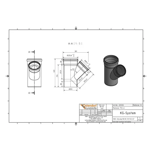 KG Buis Afsplitsing DN 200/160, 45 Graden