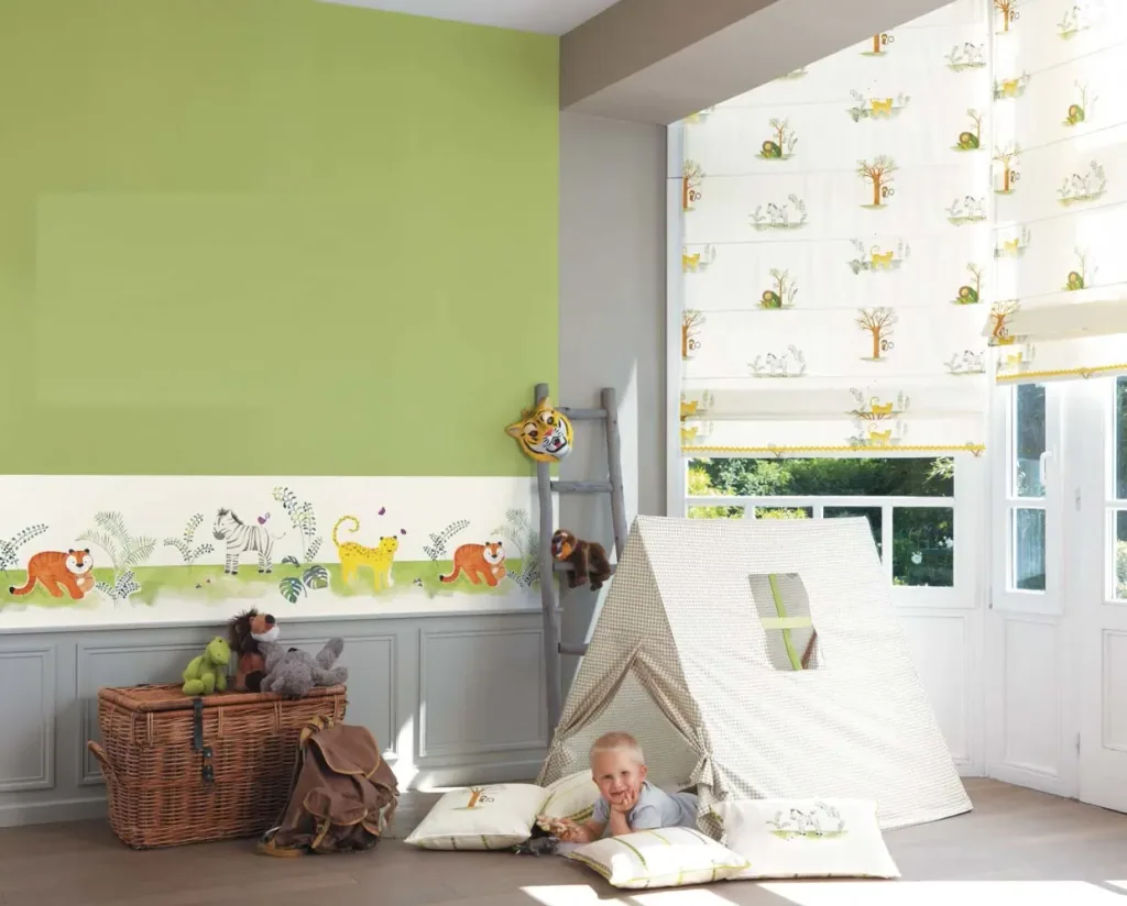 Casadeco Alice & Paul border jungle dieren groen oranje geel