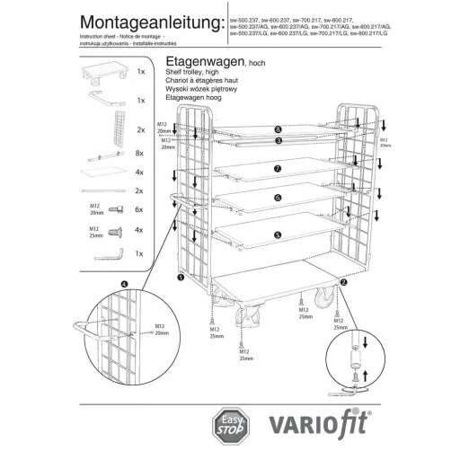 Pakketwagen hoog met 2 roosterwanden + 5 planken 500 kg draagvermogen Type XL + EasySTOP