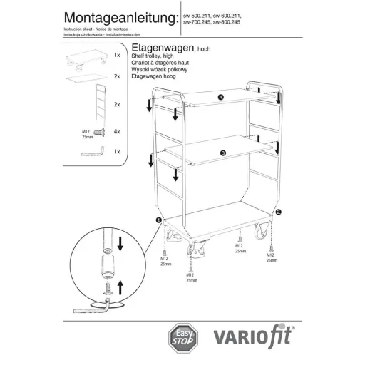 Etagenwagen met 3 Plateaus, Werkplaats Trolley, 250 kg met EasySTOP