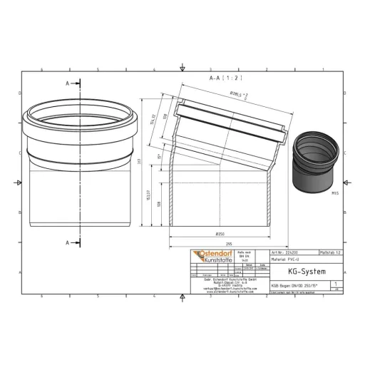 PVC buis 250mm, KGB bocht 15 graden, Afvoerbuis 250mm, Rioolbuis 250mm