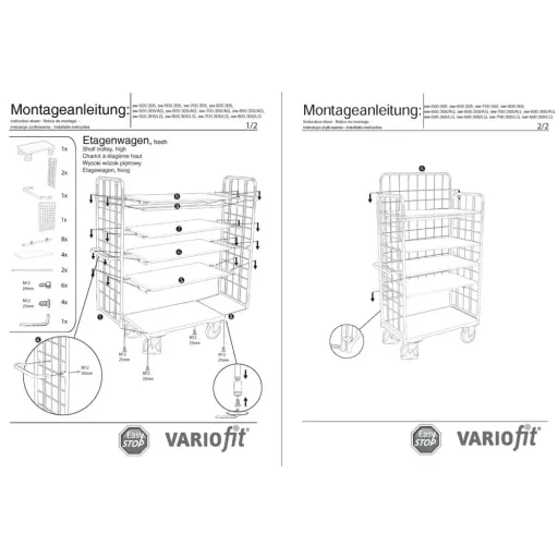 Pakket-Dreiwandwagen hoog met 5 planken 500 kg draagvermogen Type M + EasySTOP