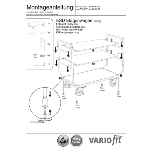 ESD Magazijnwagen met 3 Plateaus + EasySTOP