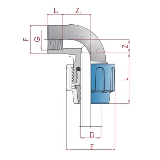 PP PE pijpfitting 90° bocht 32 x 1/2" binnendraad