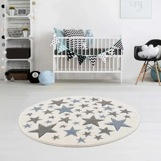 Livone tapijt Stella sterren blauw grijs rond, Tapijtmaat: Ø 133 cm