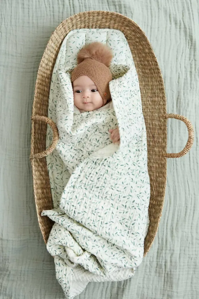 Cam Cam mousseline babydeken "Green Leaves" groene blaadjes