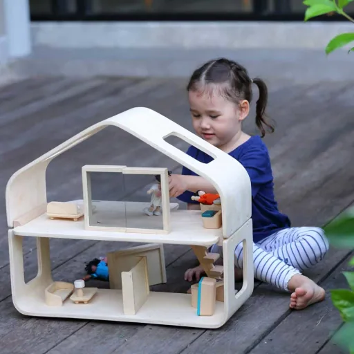 Plan Toys Modern poppenhuis gemeubileerd hout naturel