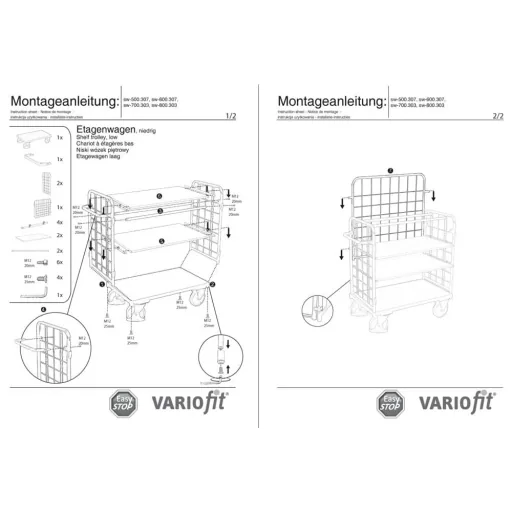 Driewandwagen met 3 Etages, 500 kg, EasySTOP