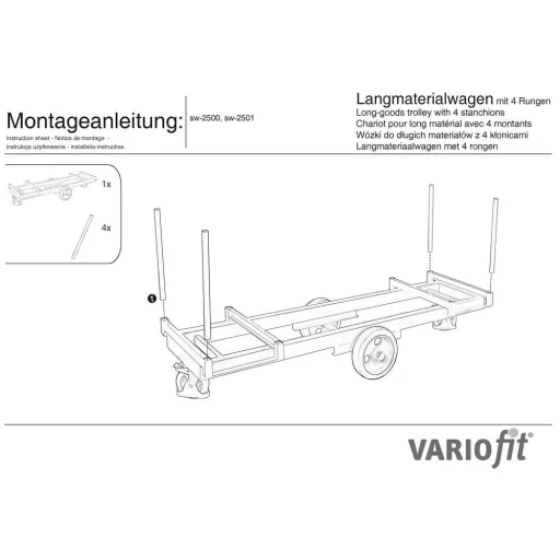 Langgoedwagen 2500 mm, 2000 kg draagvermogen, met 4 rongen