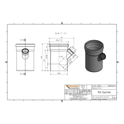KG Afvoer T-stuk DN 315/110, 45 Graden