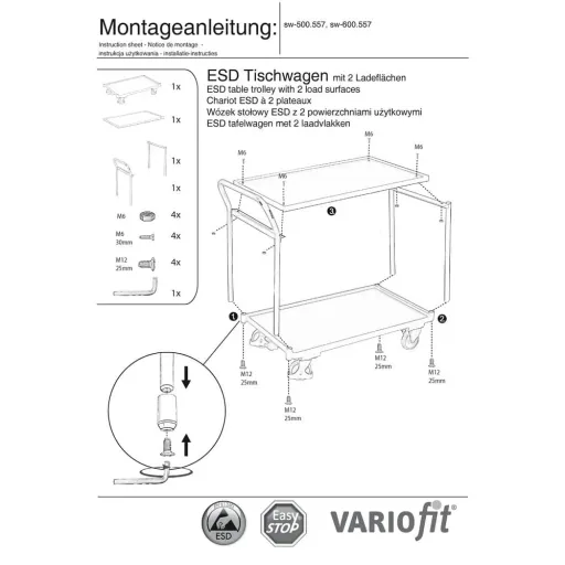 ESD Tafelwagen, Werkbankwagen ESD, 2 Ladeflächen, EasySTOP, 250kg