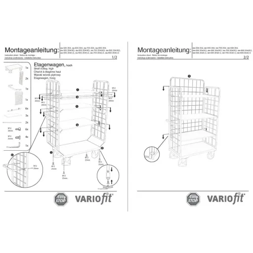 Driewandwagen hoog, Magazijnwagen, 4 Plateaus, 500 kg, EasySTOP