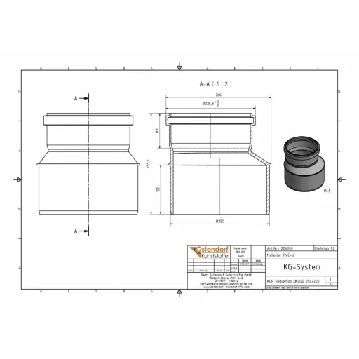 KGR Reductie DN/OD 250/200, PVC Afvoer Reductiestuk