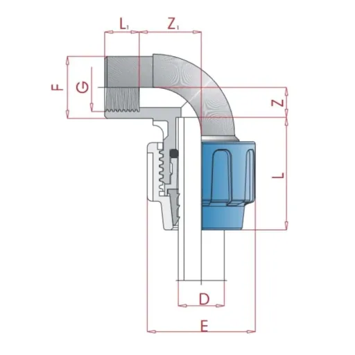 PP PE Buis Koppeling 90° Hoek 40 x 3/4" IG