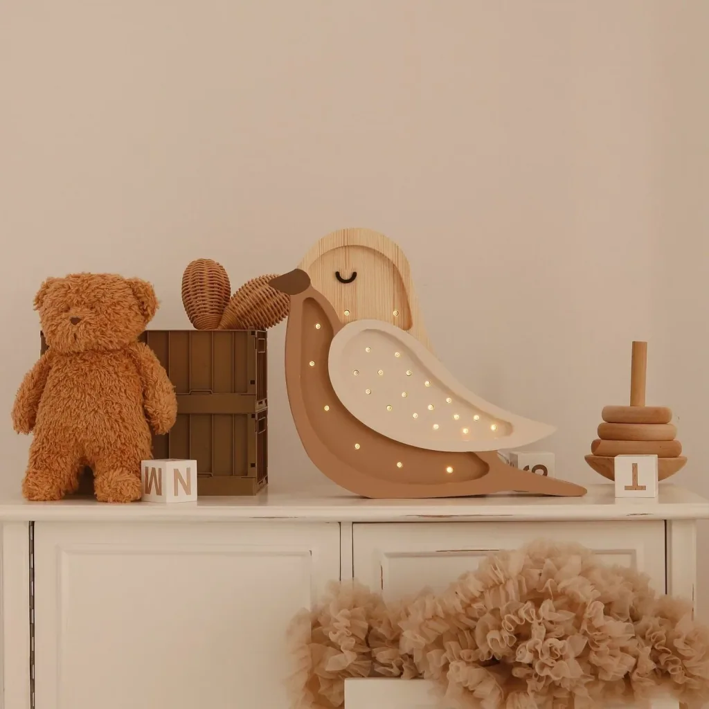 Little Lights Kinder-nachtlampje, vogel - 100% natuurlijk grenen hout, kleur: koffiehout